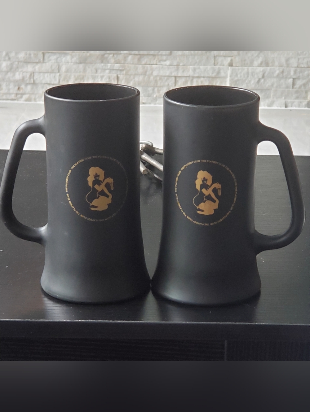 2 Vintage Playboy Club Logo Matte Black Glass Mug Beer Stein Gold Playboy Bunny